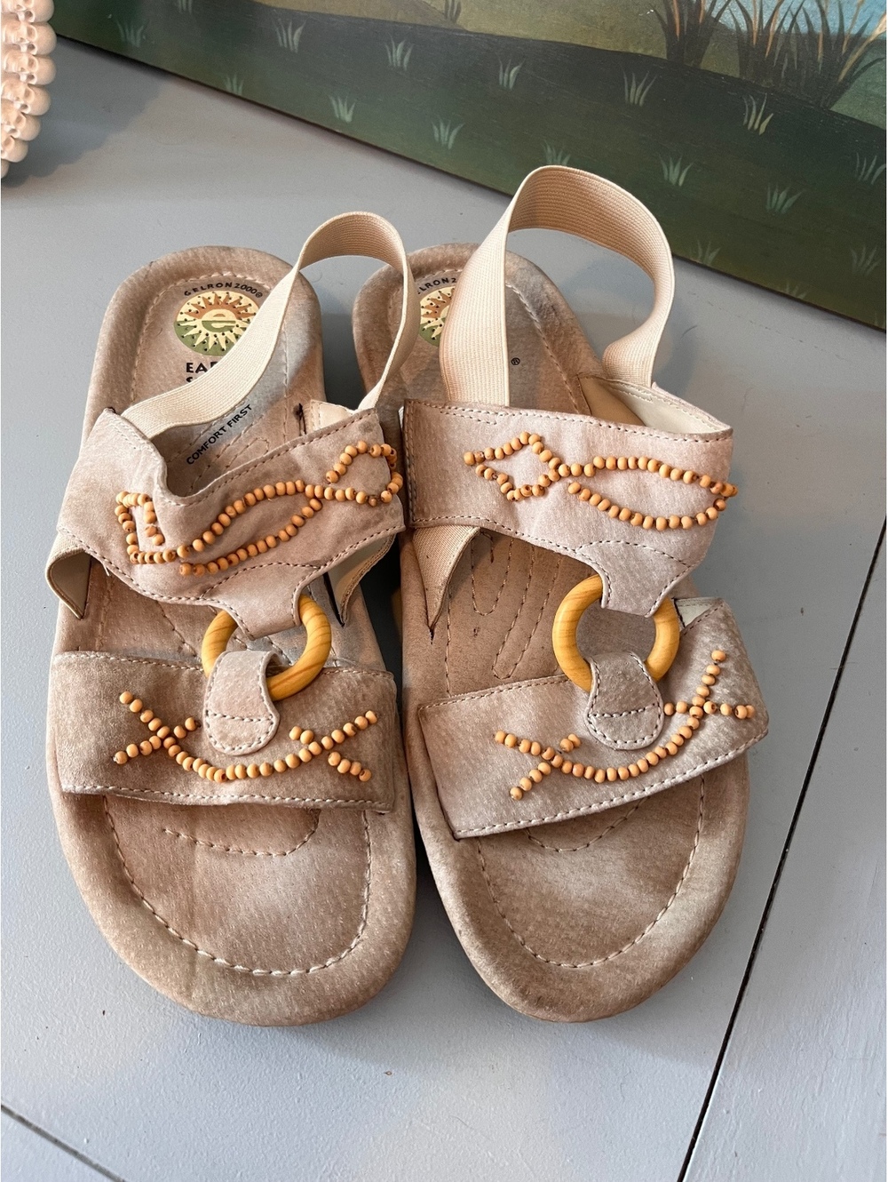 Earth Shoes Gelron 2000 Boho Suede Beaded Slingback Sandals Tan Size 9